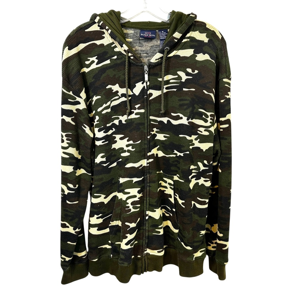 Bugle Boy Medium Jacket Mens Camo Waffle Knit Thermal Full Zip Hoodie Green 1148